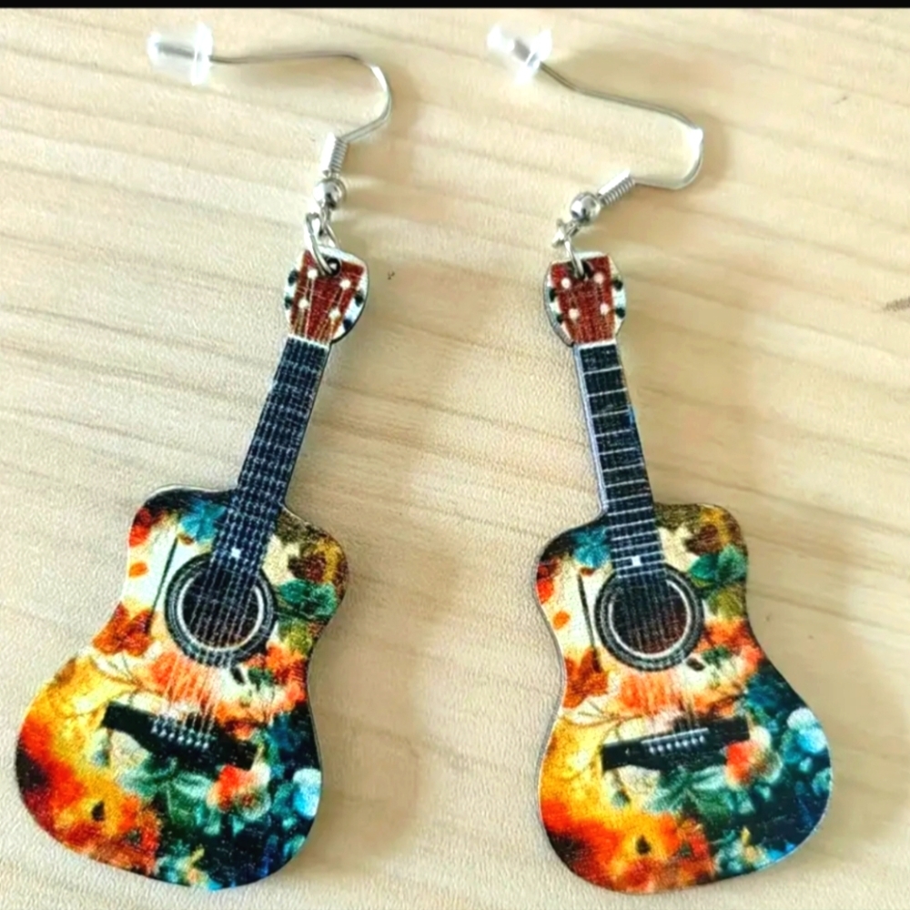 Hand Crafted Colorful Wood Guitar Earrings with Floral Design